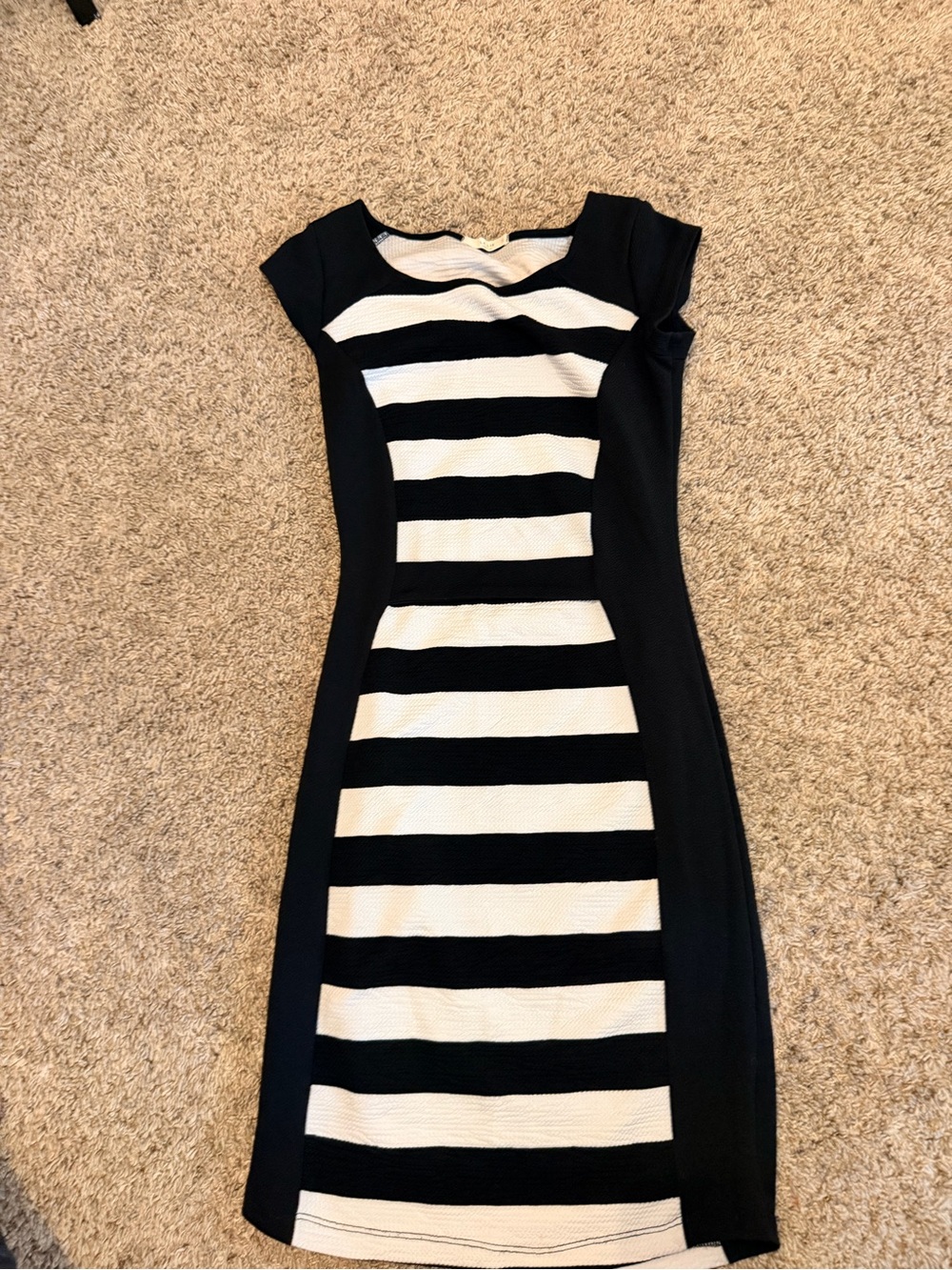 Le Lis Black and White Striped Midi Sheath Dress